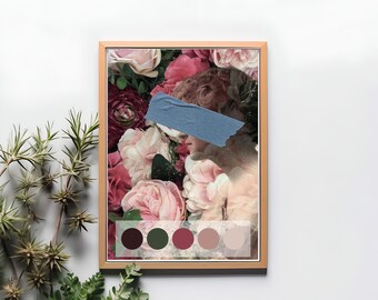 Vintage Printable Collage Art - Woman Portrait with Flowers - Floral Digital Download