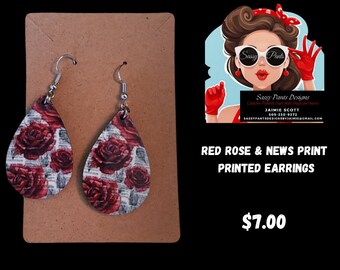 Teardrop newspaper & roses earrings