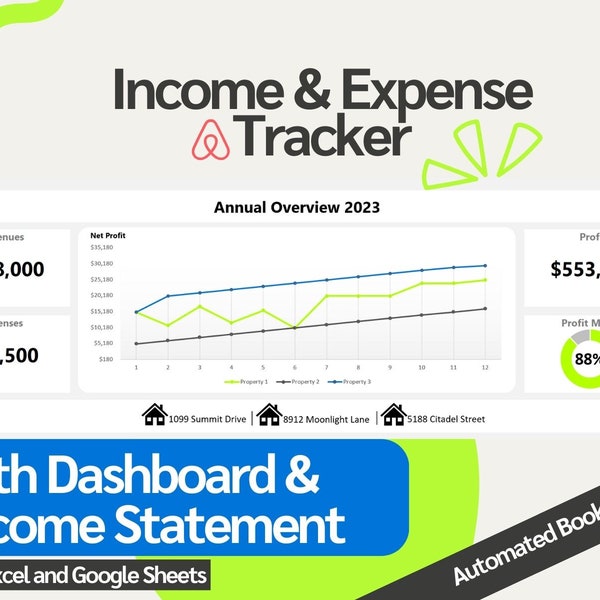Airbnb Vacation Rental Income and Expense Tracker Excel & Google Sheets Spreadsheet Template for Property Management and Bookkeeping