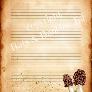 May include: A vintage-style lined paper sheet with a brown background and a faded, speckled texture. The paper has a copyright notice at the top that reads "copyright Bats & Baubles, Inc." and two brown mushrooms at the bottom.