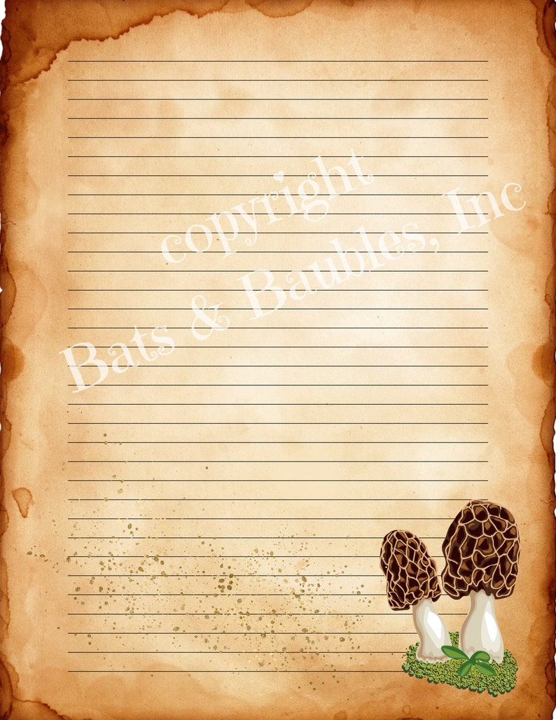 May include: A vintage-style lined paper sheet with a brown background and a faded, speckled texture. The paper has a copyright notice at the top that reads "copyright Bats & Baubles, Inc." and two brown mushrooms at the bottom.