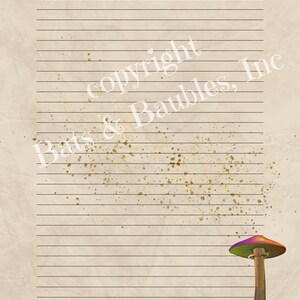 May include: A lined notebook page with a gold glitter background and a purple and green mushroom illustration in the bottom right corner. The text "copyright Bats & Baubles, Inc." is in the top right corner.