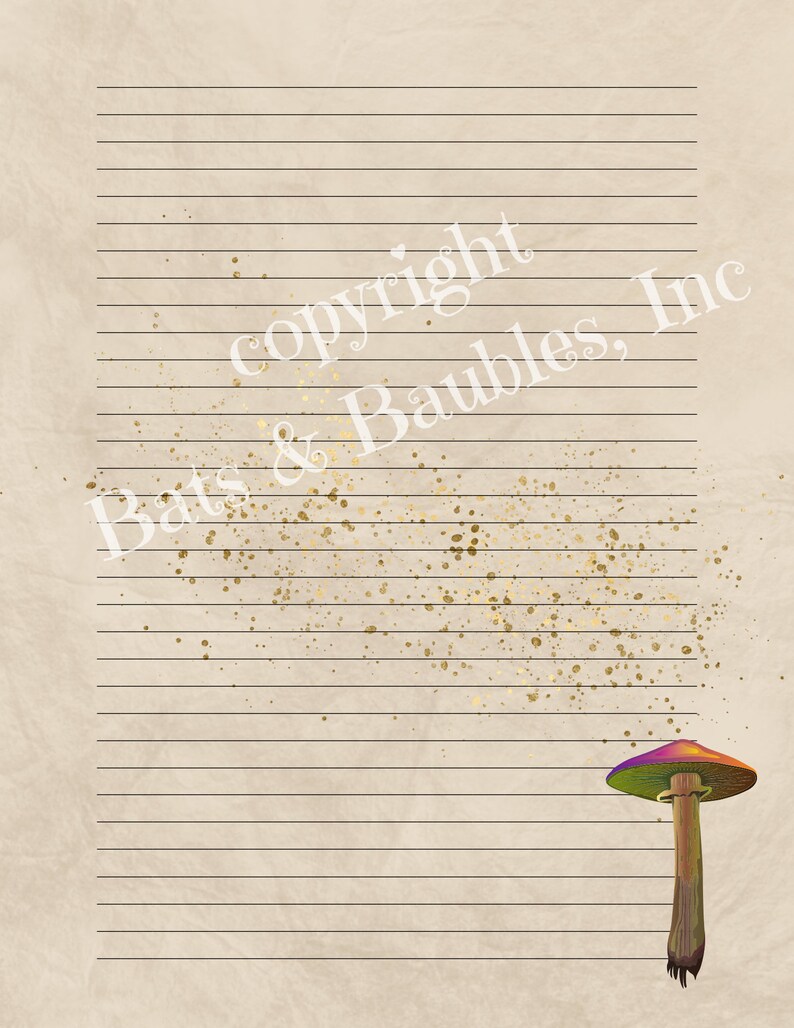 May include: A lined notebook page with a gold glitter background and a purple and green mushroom illustration in the bottom right corner. The text "copyright Bats & Baubles, Inc." is in the top right corner.