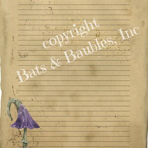 May include: A vintage-style lined paper sheet with a purple and green mushroom illustration in the bottom left corner. The paper has a brown, textured background with gold speckles and the text "copyright Bats & Baubles, Inc." in the top right corner.