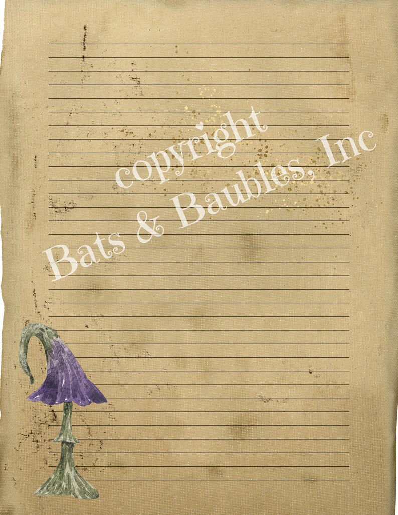 May include: A vintage-style lined paper sheet with a purple and green mushroom illustration in the bottom left corner. The paper has a brown, textured background with gold speckles and the text "copyright Bats & Baubles, Inc." in the top right corner.
