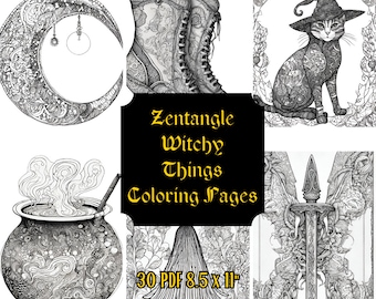 Witchy Things Zentangle Libro para colorear digital / Páginas para colorear relajantes para brujas
