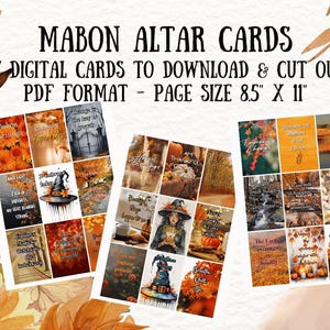 Può includere: Tre fogli di carte digitali dell'altare Mabon con immagini a tema autunnale. Le carte presentano immagini di zucche, foglie autunnali e cappelli da strega. Il testo sulle carte include frasi come "Mabon Blessings". Formato PDF, formato pagina 21,59 cm x 27,94 cm.