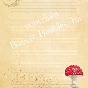 May include: A vintage-style lined paper with a crescent moon and star at the top, a red and white mushroom at the bottom, and the text "copyright Bats & Baubles, Inc." in the center.