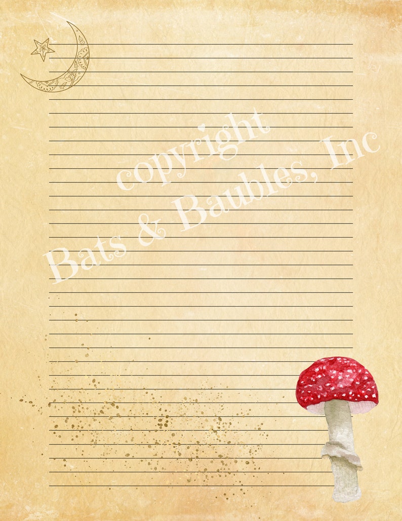 May include: A vintage-style lined paper with a crescent moon and star at the top, a red and white mushroom at the bottom, and the text "copyright Bats & Baubles, Inc." in the center.