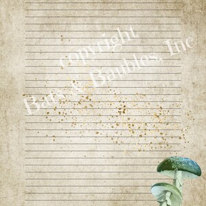 May include: A vintage-style lined paper background with gold splatters and a green and blue mushroom illustration in the bottom right corner.