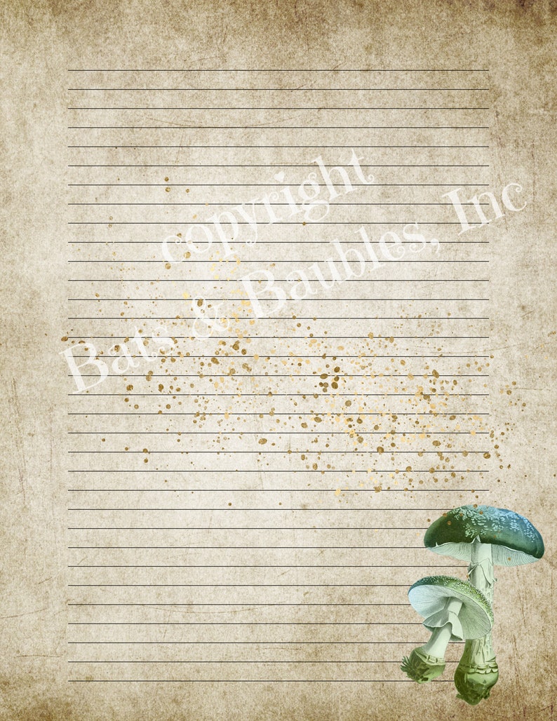 May include: A vintage-style lined paper background with gold splatters and a green and blue mushroom illustration in the bottom right corner.