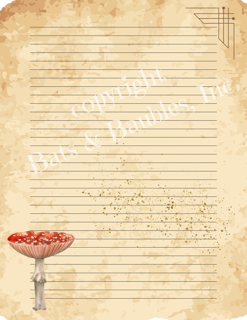 May include: A vintage-style lined paper sheet with a red and white mushroom illustration. The paper has a distressed, aged look with brown and gold splotches.