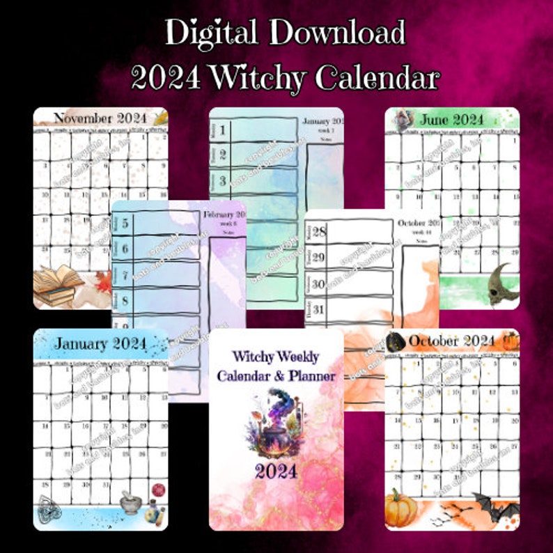 2024 Witchy Digital Monthly Weekly Calendar With Note Pages Etsy