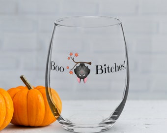 Boo Bitches Bat Stemless Wine Glass, Witchy Halloween Gift