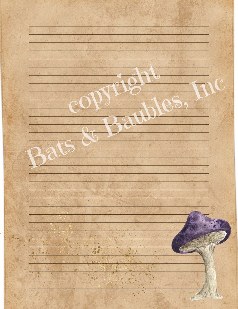 May include: A vintage-style lined paper sheet with a purple mushroom illustration and gold glitter accents. The text "copyright Bats & Baubles, Inc." is printed in white on the sheet.