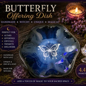 May include: A dark blue, scalloped-edge dish featuring a white butterfly graphic in the center. The dish has a 4.4-inch diameter and is surrounded by text including 'BUTTERFLY Offering Dish', 'HANDMADE', 'WITCHY', 'UNIQUE', and 'MAGICAL'.