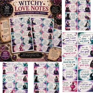 May include: A digital printable sheet of 30 rectangular love notes featuring watercolor illustrations of cauldrons, potions, cats, and moons. Each note contains witchy-themed text such as You cast a spell on me and I never want a cure.