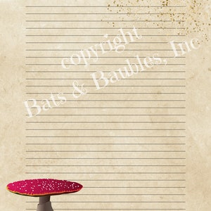 May include: A red and white mushroom with white spots on the cap. The mushroom is on a beige background with black lines.