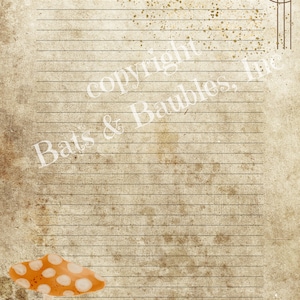 May include: A vintage-style lined journal page with a brown and white mushroom illustration in the bottom left corner. The page has a distressed, aged look with a brown and gold splatter pattern. The text "copyright Bats & Baubles, Inc." is visible in the top right corner.