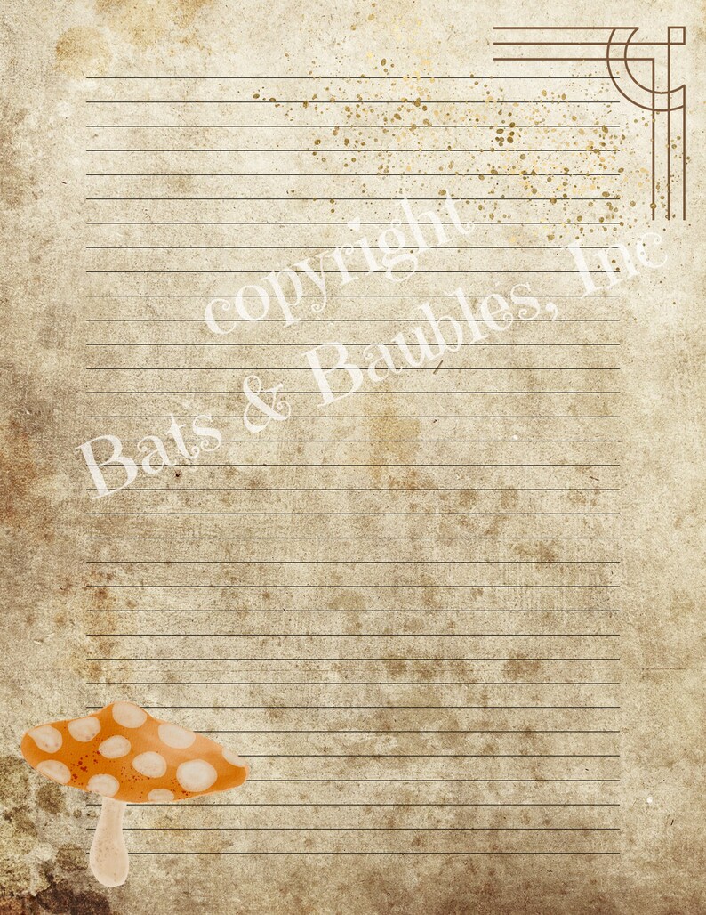 May include: A vintage-style lined journal page with a brown and white mushroom illustration in the bottom left corner. The page has a distressed, aged look with a brown and gold splatter pattern. The text "copyright Bats & Baubles, Inc." is visible in the top right corner.