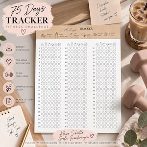 May include: A 75-day fitness challenge tracker printed on white paper with a tan header. The layout features three columns of numbered rows with circular checkboxes and icons for daily habits like water intake, reading, and workouts. The text 75 DAYS TRACKER FITNESS CHALLENGE is printed at the top.