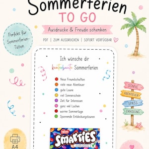 Op de afbeelding: Een printbaar digitaal document getiteld Sommerferien TO GO met een zonillustratie, palmboom en kleurrijke confetti. Het bevat een lijst met zomerwensen in het Duits, een pakje Nestlé Smarties en een A4-formaat icoon.