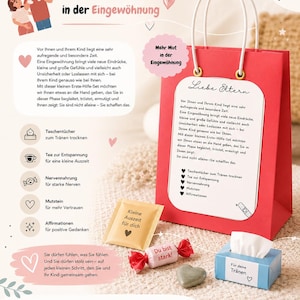 Könnte beinhalten: Eine rote Geschenktüte mit weißen Henkeln, die eine Karte mit der Überschrift Liebe Eltern, einen kleinen goldenen Umschlag mit der Aufschrift Kleine Auszeit für dich, ein rotes Bonbon-Bonbonpapier mit der Aufschrift Du bist stark enthält.