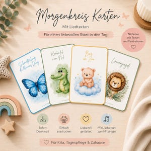 Può includere: Un set di 56 Morgenkreis Karten con testi e illustrazioni, che include carte con una farfalla blu, un coccodrillo verde, un orso bruno su una nuvola blu e un leone. Le carte contengono testo in tedesco e icone per il download.