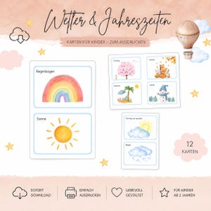Puede incluir: Un conjunto de tarjetas educativas imprimibles tituladas Wetter & Jahreszeiten con ilustraciones en acuarela de patrones climáticos y estaciones, incluyendo un arcoíris, sol, muñeco de nieve y árboles, con etiquetas de texto en alemán.