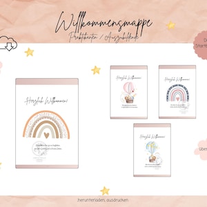 Peut inclure: Ensemble de guides de bienvenue imprimables avec le texte "Herzlich Willkommen" et des illustrations d'arcs-en-ciel et de montgolfières. Les guides sont dans une palette de couleurs douces avec des étoiles et le texte "Dein Startbegleiter".