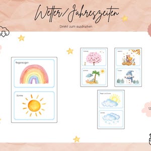 May include: Watercolor flashcards featuring weather and seasons. The cards include illustrations of a rainbow, sun, spring blossoms, summer beach scene, autumn harvest, winter snowman, rain, and snow. The text on the cards is in German.