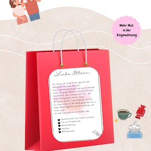 Puede incluir: Una bolsa de papel roja con asas blancas, con texto en alemán. La bolsa contiene una nota manuscrita con una lista de artículos, incluyendo pañuelos, té y afirmaciones. Una familia de dibujos animados está en la parte superior.
