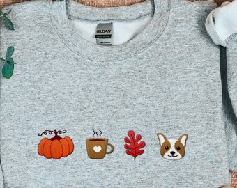 Embroidered Crewneck, Fall Sweatshirt, Fall Shirts, Fall Crewneck, Halloween Crewneck, Corgi Sweatshirt, Fall Sweater, Autumn Sweatshirt