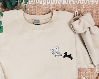 刺繍入りセーター、ゴーストドッグシャツ、ハロウィンドッグシャツ、ハロウィンスウェットシャツ、刺繍入りクルーネック、ハロウィンクルーネック、ゴーストスウェットシャツ