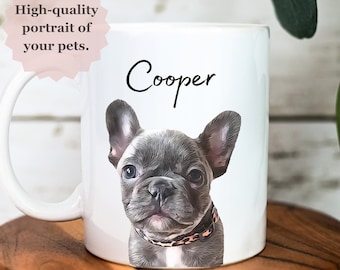 May include: White ceramic mug with a personalized illustration of a French Bulldog. The dog is gray and white with a black collar. The name "Cooper" is written in black cursive above the dog.