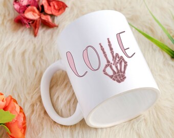 Love mug skeleton hand peace sign,spooky season coffee cup,cute skeleton peace sign,Halloween coffee mug,Pink Halloween,gift for her