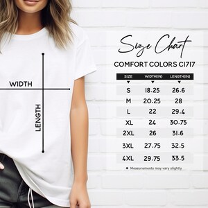 Peut inclure: Tableau des tailles pour les t-shirts Comfort Colors C1717, indiquant les mesures de largeur et de longueur en pouces pour les tailles S &agrave; 4XL.