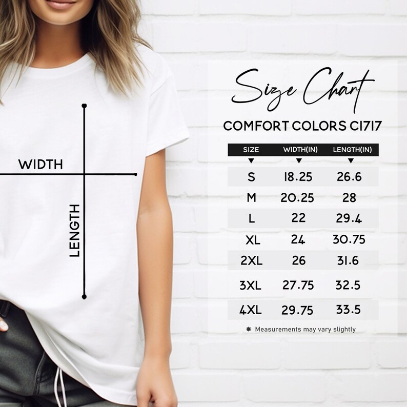 Peut inclure: Tableau des tailles pour les t-shirts Comfort Colors C1717, indiquant les mesures de largeur et de longueur en pouces pour les tailles S &agrave; 4XL.