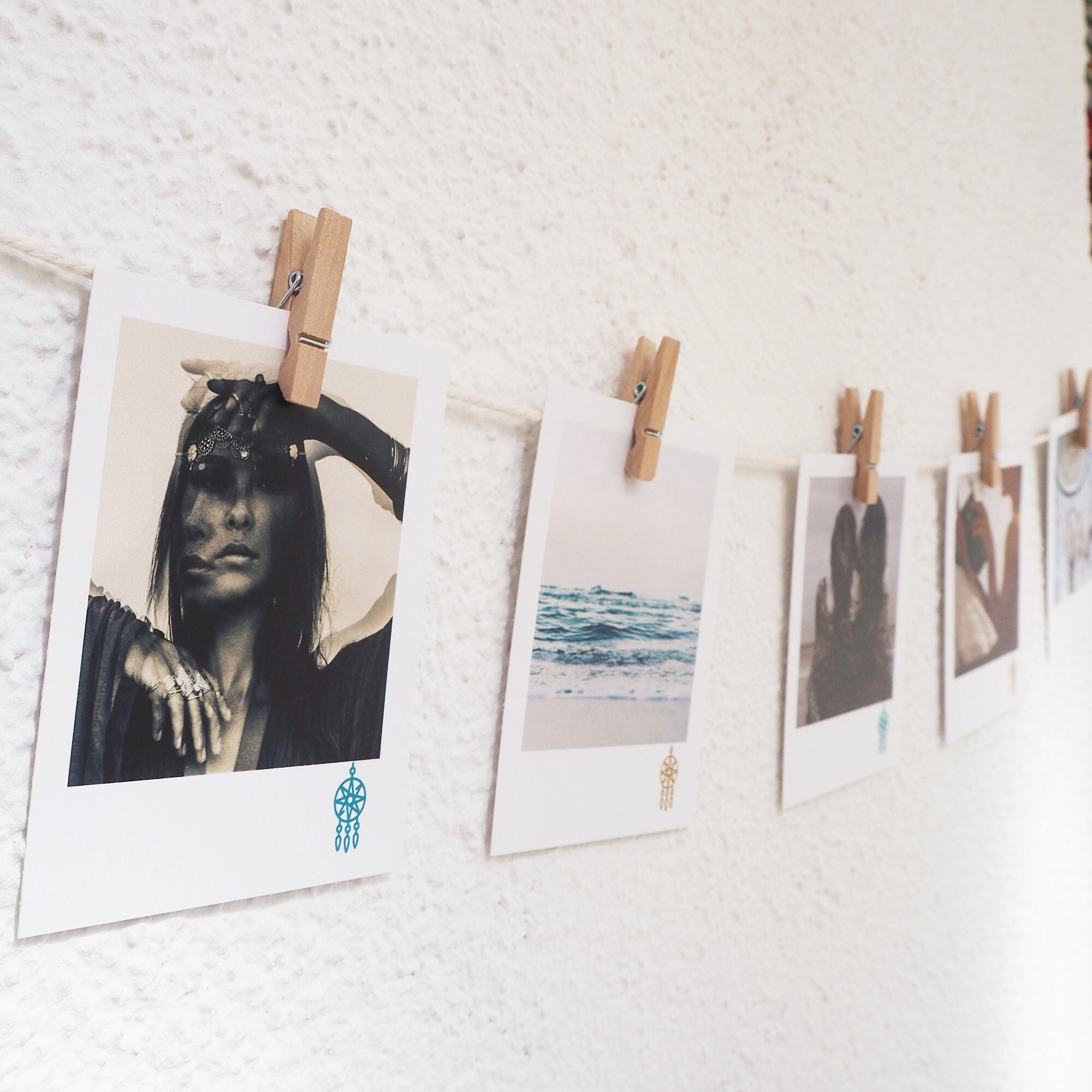 Photographies Bohèmes avec Accroche Corde et Pinces, Format Polaroïd, Déco Murale, Guirlande Photo, 