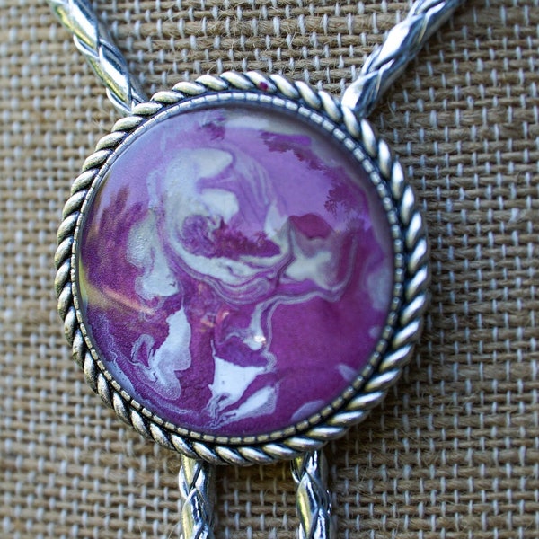 Purple Haze Bolo Tie - Silver tone slider with Purple and Silver Paint - Resin coated - Silver cord and tips - custom-made (#35)