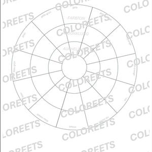 Puede incluir: Un diagrama de rueda de color en blanco y negro con la palabra "COLOREETS" repetida en diagonal. La rueda está dividida en secciones etiquetadas con términos de color alemanes como "gelb" y "rot". El diagrama incluye círculos concéntricos y líneas radiales.