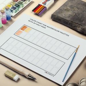 Peut inclure: Un tableau de palette d'aquarelle vierge avec 24 emplacements pour demi-godets. Le tableau est intitulé "Color Chart for Watercolor Palettes with 24 Half Pans".