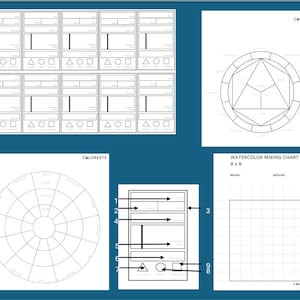 Könnte beinhalten: Eine Sammlung von Aquarell-Mischtabellen und Farbtheorie-Leitfäden. Das Bild zeigt mehrere weiße Papierdiagramme mit geometrischen Formen, Linien und dem Text "COLOREETS" und "WATERCOLOR MIXING CHART 8 x 8". Die Diagramme befinden sich auf blauem Hintergrund.