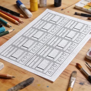 Könnte beinhalten: Ein Blatt Papier mit geometrischen Formen und Linien, umgeben von Kunstbedarf. Das Papier trägt den Text "COLOREETS". Bleistifte, Marker, Pinsel und eine Aquarellpalette liegen auf einer Holzoberfläche und bilden einen Arbeitsbereich.
