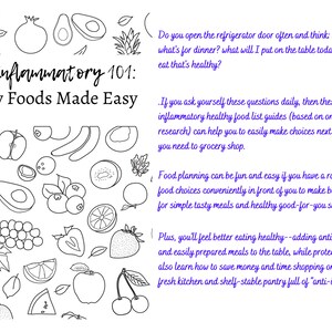 May include: Black and white line drawing of various fruits and vegetables, including apples, oranges, grapes, avocados, blueberries, cherries, and a pineapple. The text "Anti-Inflammatory 101: Healthy Foods Made Easy" is at the top of the image. The text below the image reads: "Do you open the refrigerator door often and think: what's for lunch? what's for dinner? what will I put on the table today?... and, what do I eat that's healthy? If you ask yourself these questions daily, then these simple and anti-inflammatory healthy food list guides (based on online nutrition research) can help you to easily make choices next time and every time! you need to grocery shop. Food planning can be fun and easy if you have a rainbow variety list of food choices conveniently in front of you to make better grocery choices for simple tasty meals and healthy good-for-you snacks. Plus, you'll feel better eating healthy--adding anti-inflammatory foods and easily prepared meals to the table, while protecting your body. You'll also learn how to save money and time shopping online for your garden fresh kitchen and shelf-stable pantry full of "anti-inflam" goodness."