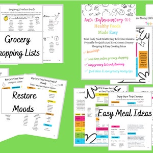May include: A set of printable grocery shopping lists with colorful headings and checkboxes. The lists are organized by mood and include categories like "restore moods", "energize moods", and "anti-inflammatory 101".