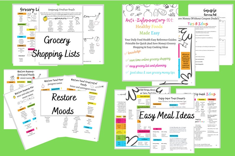 May include: A set of printable grocery shopping lists with colorful headings and checkboxes. The lists are organized by mood and include categories like "restore moods", "energize moods", and "anti-inflammatory 101".