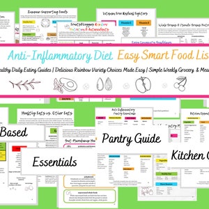 May include: A collage of colorful pages with the title "Anti-Inflammatory Diet Easy Smart Food Lists" and the text "Inspired Healthy Daily Eating Guides | Delicious Rainbow Variety Choices Made Easy | Simple Weekly Grocery & Meal Planning". The pages include information about plant-based foods, healthy fats, pantry essentials, and kitchen essentials.