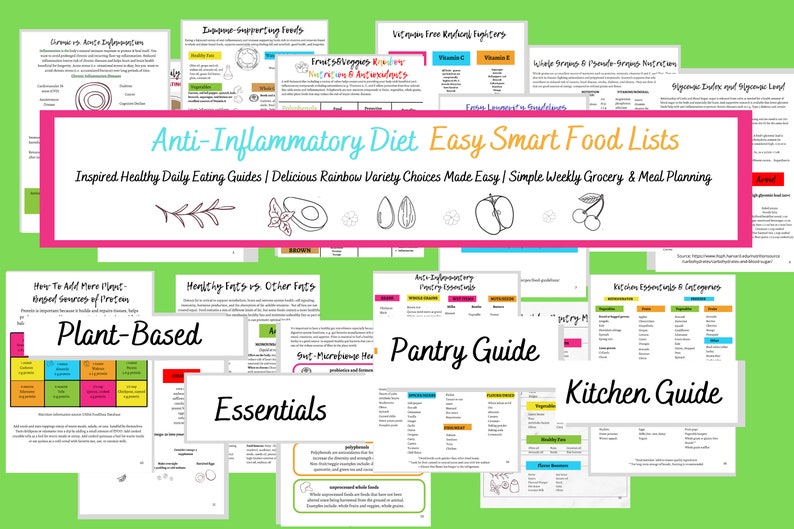 May include: A collage of colorful pages with the title "Anti-Inflammatory Diet Easy Smart Food Lists" and the text "Inspired Healthy Daily Eating Guides | Delicious Rainbow Variety Choices Made Easy | Simple Weekly Grocery & Meal Planning". The pages include information about plant-based foods, healthy fats, pantry essentials, and kitchen essentials.
