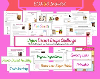 Low-Sugar Vegan Dessert Recipe Challenge for Beginners, Plant-Based Rainbow Food Digital Guide, Printable (Color/Black), Grocery Food Lists